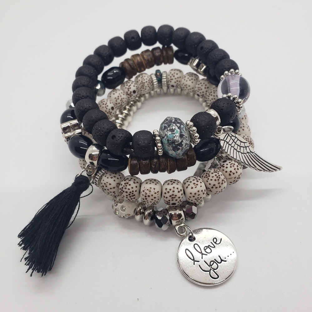 SEE NEW LISTING Black Beaded Multi-layer Bracelet With Tassel, 4 Bracelet Set - Picture 2 of 7